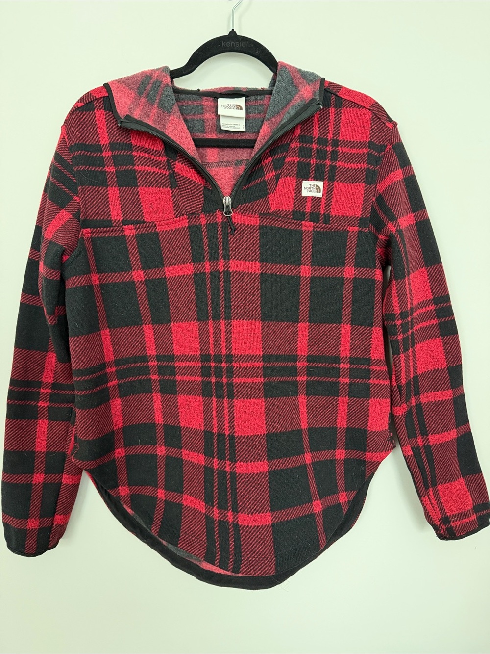 The North Face Red & Black Plaid Half-Zip Hoodie Womens small